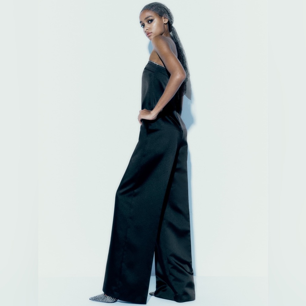 Zara Black Satin Effect Rhinestone Jumpsuit - Picture 3 of 4